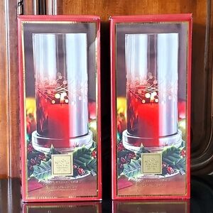 (2) 10" Lenox "Yuletide Gems" Red Hurricane Lamps w/ etchedFloral/Holly NWT